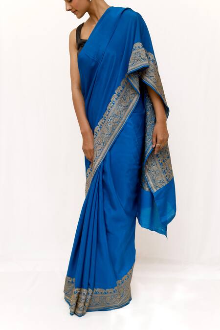 Shop_Neha & Tarun_Blue Silk Designer Saree _Online_at_Aza_Fashions