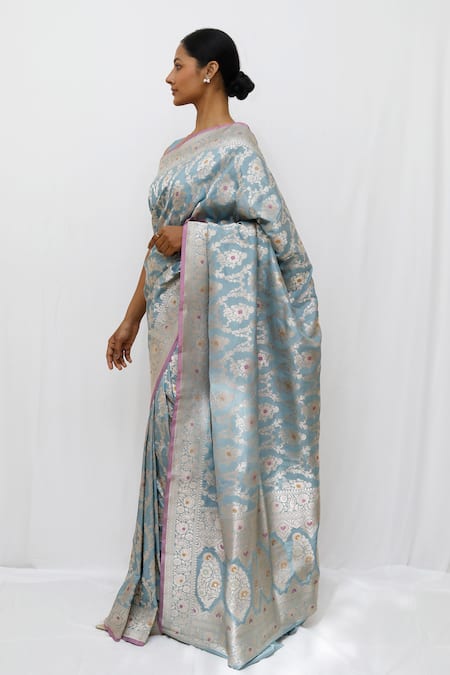 Buy_Neha & Tarun_Blue Silk Zari Powder Woven Designer Saree _Online_at_Aza_Fashions