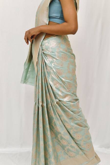 Neha & Tarun_Blue Silk Embroidery Designer Saree Set _Online_at_Aza_Fashions