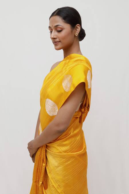 Neha & Tarun_Yellow Silk Embroidery Woven Saree With Blouse Piece _Online_at_Aza_Fashions