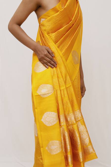 Shop_Neha & Tarun_Yellow Silk Embroidery Woven Saree With Blouse Piece _Online_at_Aza_Fashions