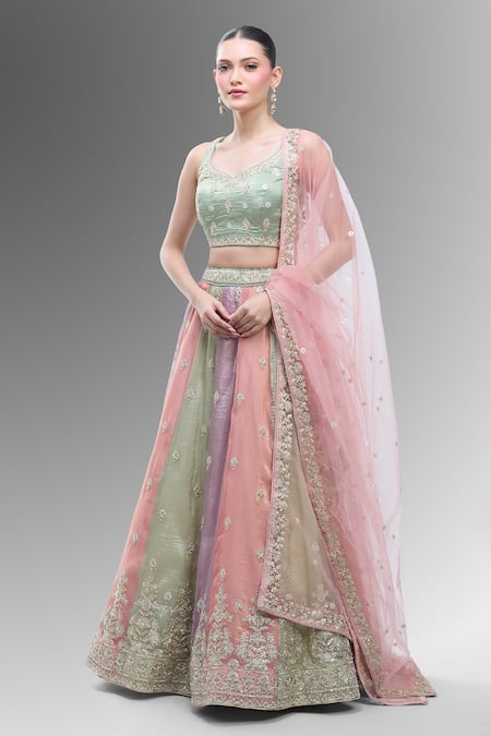 Samyukta Singhania_Multi Color Tissue, Net Embroidery, Beads, Multicolor Classic Lehenga Set_at_Aza_Fashions