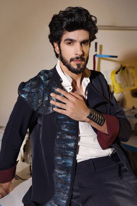 Jatin Malik Blue Crepe Midnight Water Lily Set Online at Aza Fashions Jatin Malik_Blue Crepe Midnight Water Lily Set _Online_at_Aza_Fashions