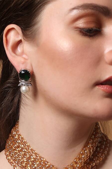 Shop_Dugran By Dugristyle_Green Gilded Bloom Drop Earring_Online_at_Aza_Fashions