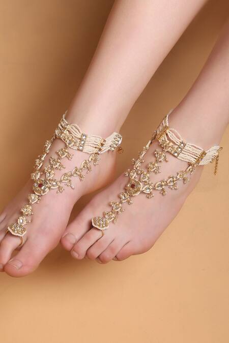 Buy_Dugran By Dugristyle_Red Gemstones, Pearls Rosefire Elegance Gold-plated Anklet _Online_at_Aza_Fashions