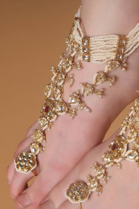 Dugran By Dugristyle_Red Gemstones, Pearls Rosefire Elegance Gold-plated Anklet _at_Aza_Fashions