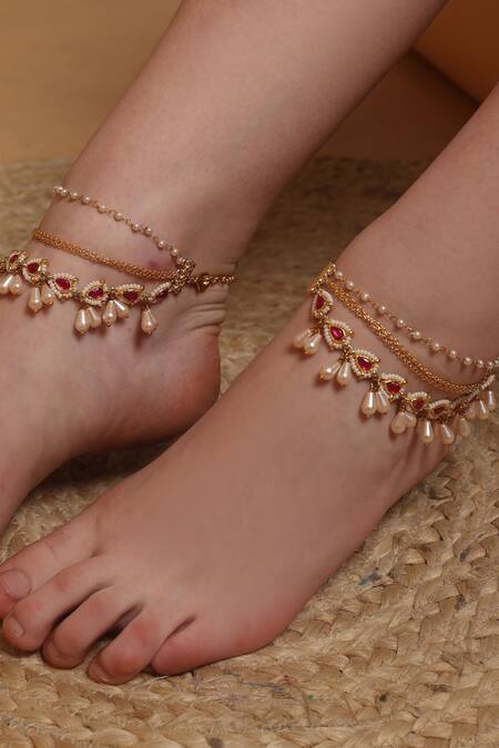 Buy_Dugran By Dugristyle_Red Pearls, Gemstones Gold-plated Kundan Anklet Set _Online_at_Aza_Fashions