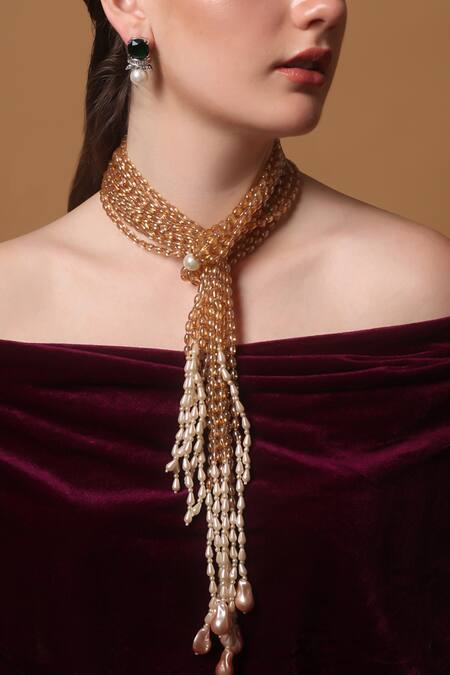 Dugran By Dugristyle_Peach Gold-plated Pearl Strand Necklace _Online_at_Aza_Fashions