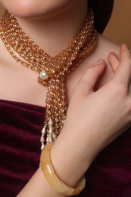 Buy_Dugran By Dugristyle_Peach Gold-plated Pearl Strand Necklace _Online_at_Aza_Fashions