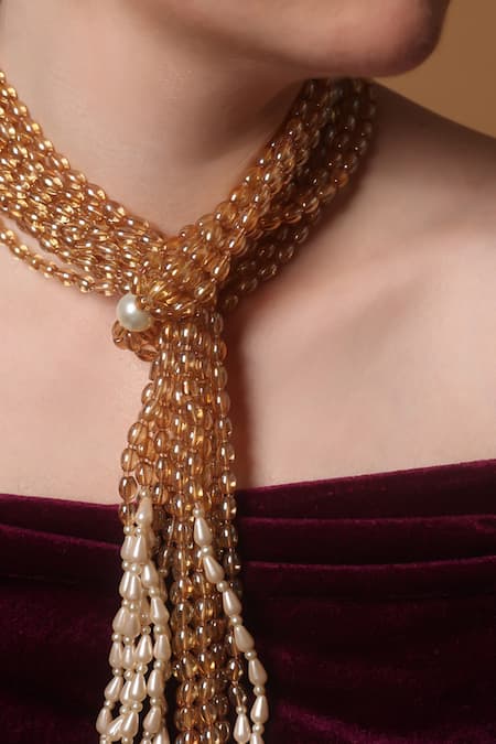 Shop_Dugran By Dugristyle_Peach Gold-plated Pearl Strand Necklace _Online_at_Aza_Fashions