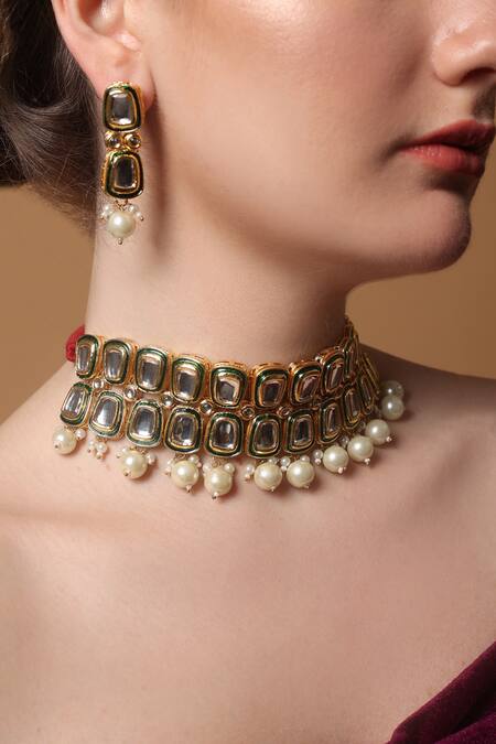 Buy_Dugran By Dugristyle_Green Pearls Forest Muse Necklace Set _Online_at_Aza_Fashions