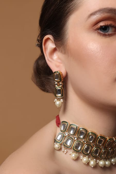 Shop_Dugran By Dugristyle_Green Pearls Forest Muse Necklace Set _Online_at_Aza_Fashions