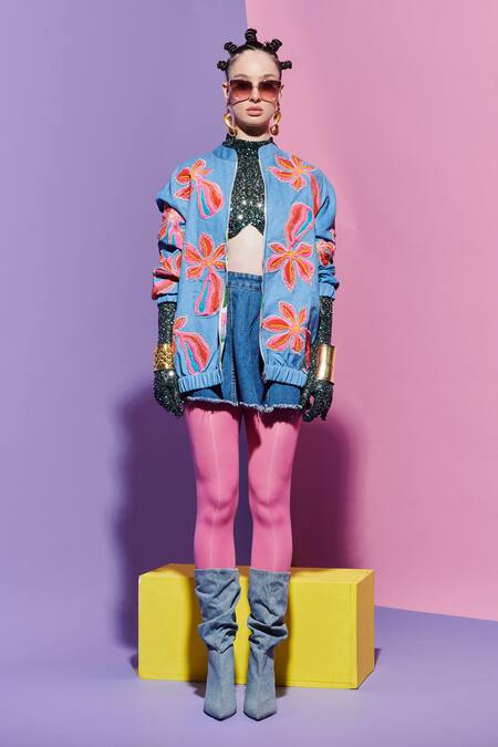 Esha L Amin Multi Color Georgette Embroidery Open Neck Reversible Bomber Jacket In Prints Online at Aza Fashions Esha L Amin_Multi Color Georgette Embroidery Open Neck Reversible Bomber Jacket In Prints _Online_at_Aza_Fashions