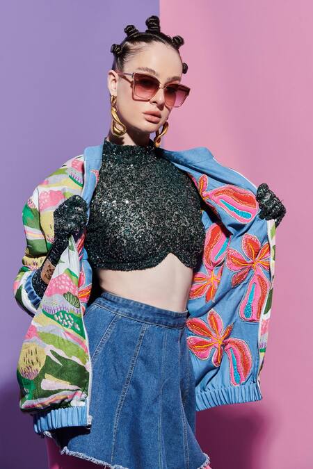 Buy Esha L Amin Multi Color Georgette Embroidery Open Neck Reversible Bomber Jacket In Prints Online at Aza Fashions Buy_Esha L Amin_Multi Color Georgette Embroidery Open Neck Reversible Bomber Jacket In Prints _Online_at_Aza_Fashions