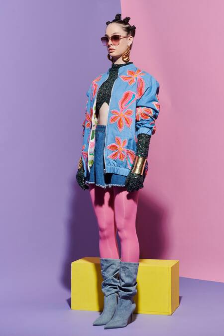 Shop Esha L Amin Multi Color Georgette Embroidery Open Neck Reversible Bomber Jacket In Prints Online at Aza Fashions Shop_Esha L Amin_Multi Color Georgette Embroidery Open Neck Reversible Bomber Jacket In Prints _Online_at_Aza_Fashions