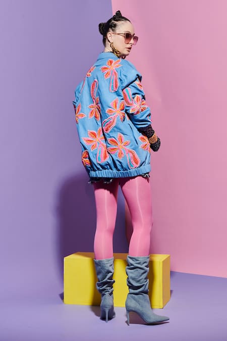 Shop Esha L Amin Multi Color Georgette Embroidery Open Neck Reversible Bomber Jacket In Prints at Aza Fashions Shop_Esha L Amin_Multi Color Georgette Embroidery Open Neck Reversible Bomber Jacket In Prints _at_Aza_Fashions