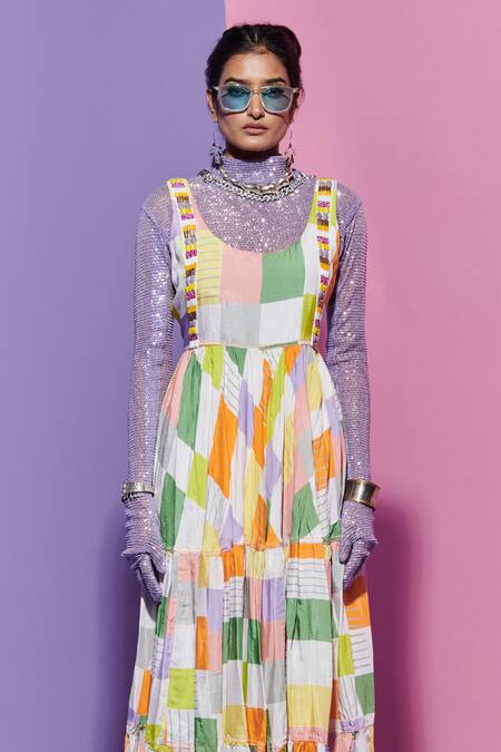 Esha L Amin_Multi Color Viscose Scoop Neck Square Print Long Dress _Online_at_Aza_Fashions