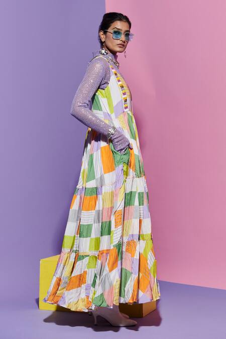 Buy_Esha L Amin_Multi Color Viscose Scoop Neck Square Print Long Dress _Online_at_Aza_Fashions