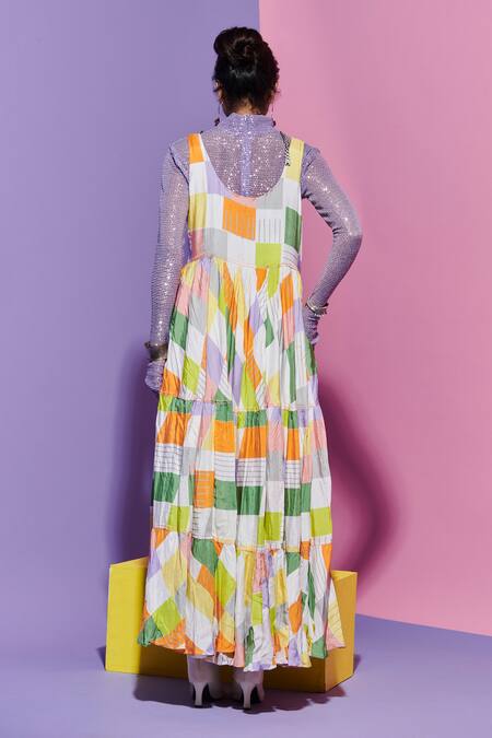 Shop_Esha L Amin_Multi Color Viscose Scoop Neck Square Print Long Dress _at_Aza_Fashions