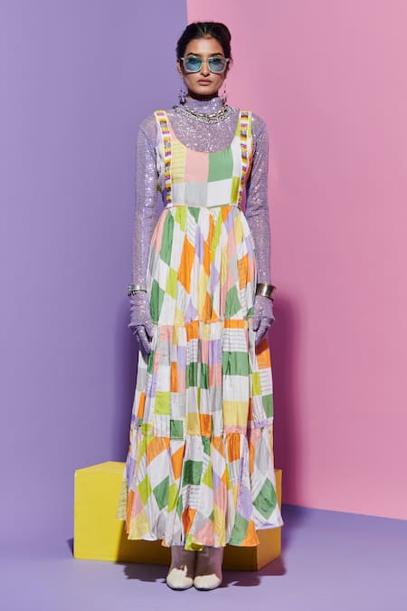 Esha L Amin Multi Color Viscose Scoop Neck Square Print Long Dress 
