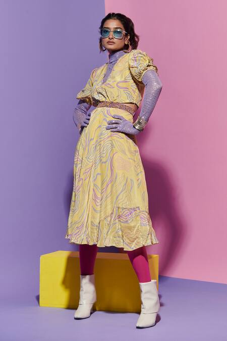 Esha L Amin Yellow Crepe Cut Work V-neck Amoeba Print Maxi Dress Online at Aza Fashions Esha L Amin_Yellow Crepe Cut Work V-neck Amoeba Print Maxi Dress _Online_at_Aza_Fashions