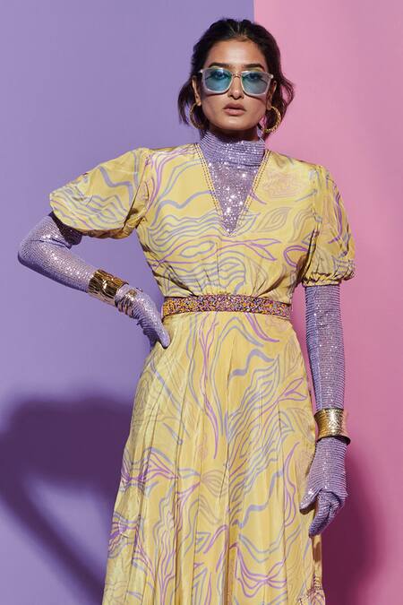 Buy Esha L Amin Yellow Crepe Cut Work V-neck Amoeba Print Maxi Dress Online at Aza Fashions Buy_Esha L Amin_Yellow Crepe Cut Work V-neck Amoeba Print Maxi Dress _Online_at_Aza_Fashions