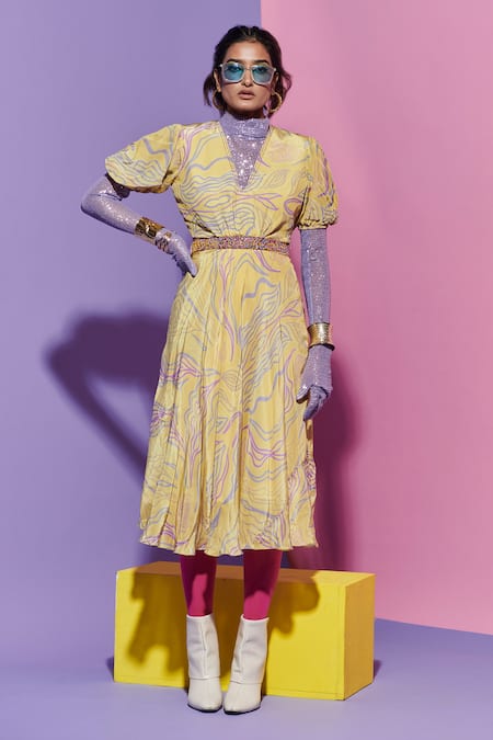 Esha L Amin Yellow Crepe Cut Work V-neck Amoeba Print Maxi Dress