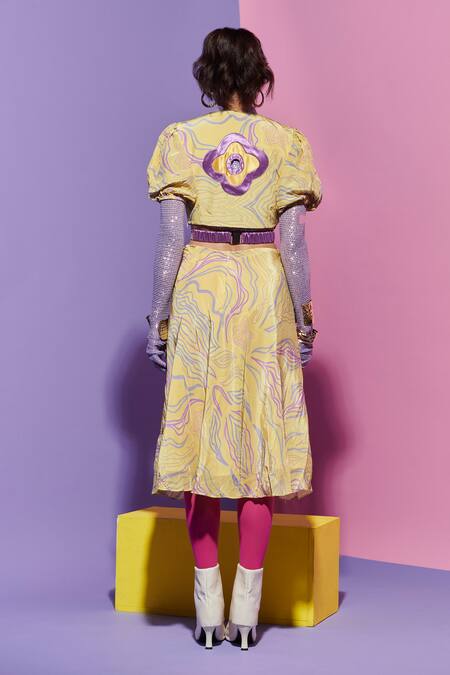 Shop Esha L Amin Yellow Crepe Cut Work V-neck Amoeba Print Maxi Dress at Aza Fashions Shop_Esha L Amin_Yellow Crepe Cut Work V-neck Amoeba Print Maxi Dress _at_Aza_Fashions