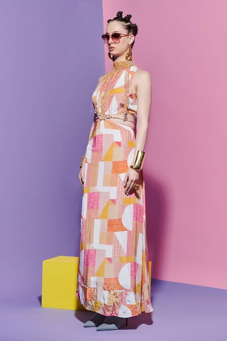 Buy Esha L Amin Multi Color Viscose, Crepe Beads Halter Neck Geometric Print Dress Online at Aza Fashions Buy_Esha L Amin_Multi Color Viscose, Crepe Beads Halter Neck Geometric Print Dress _Online_at_Aza_Fashions