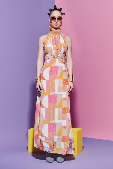 Esha L Amin Multi Color Viscose, Crepe Beads Halter Neck Geometric Print Dress