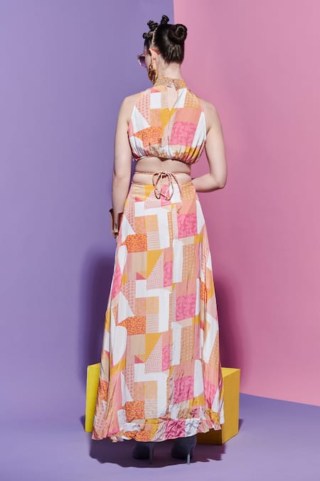 Shop Esha L Amin Multi Color Viscose, Crepe Beads Halter Neck Geometric Print Dress at Aza Fashions Shop_Esha L Amin_Multi Color Viscose, Crepe Beads Halter Neck Geometric Print Dress _at_Aza_Fashions