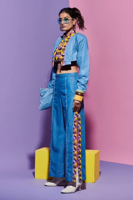 Esha L Amin Blue Denim Embroidery Open Neck Jacket Online at Aza Fashions Esha L Amin_Blue Denim Embroidery Open Neck Jacket _Online_at_Aza_Fashions