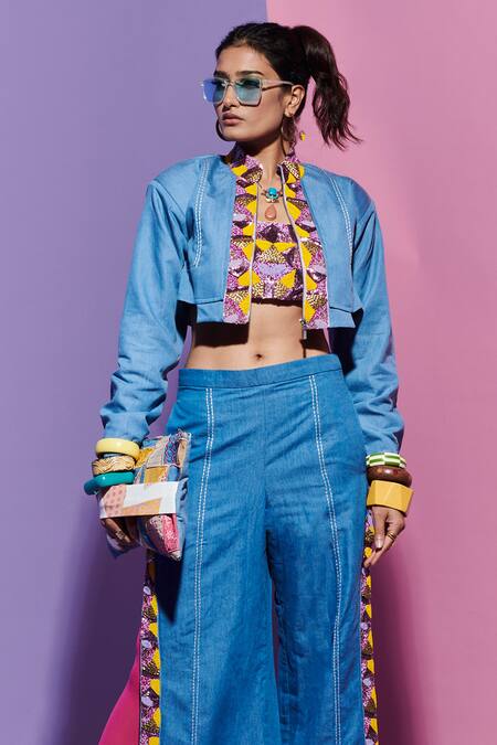 Buy Esha L Amin Blue Denim Embroidery Open Neck Jacket Online at Aza Fashions Buy_Esha L Amin_Blue Denim Embroidery Open Neck Jacket _Online_at_Aza_Fashions