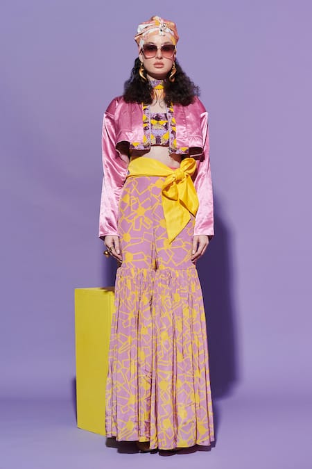 Esha L Amin Lavender Satin Embroidery Open Neck Jacket