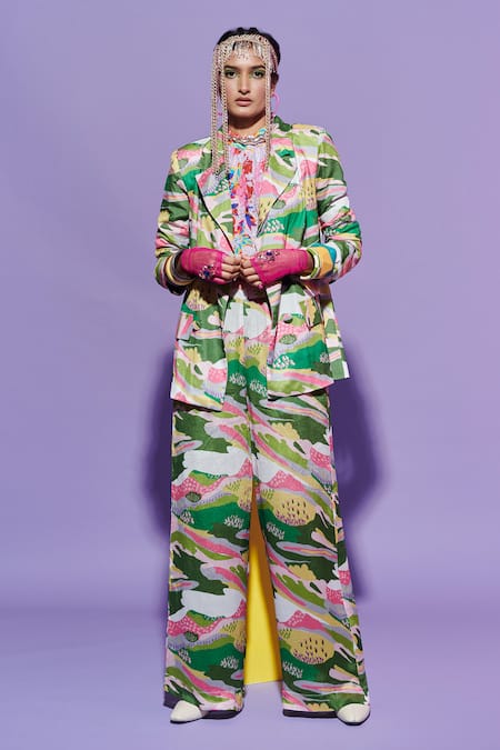 Esha L Amin Multi Color Georgette Scenery Print Blazer 