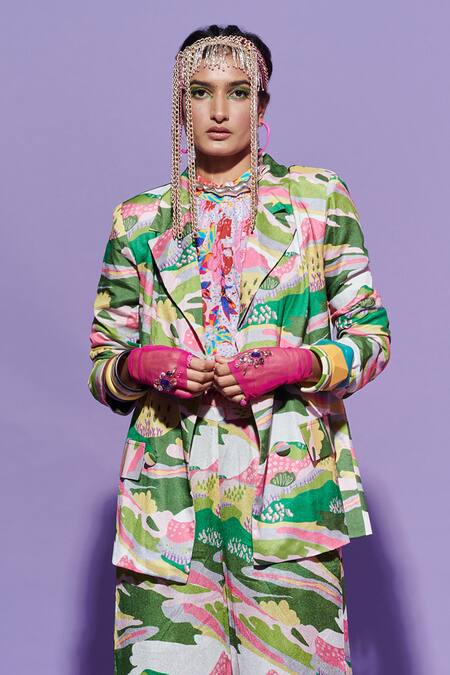 Buy Esha L Amin Multi Color Georgette Scenery Print Blazer Online at Aza Fashions Buy_Esha L Amin_Multi Color Georgette Scenery Print Blazer _Online_at_Aza_Fashions