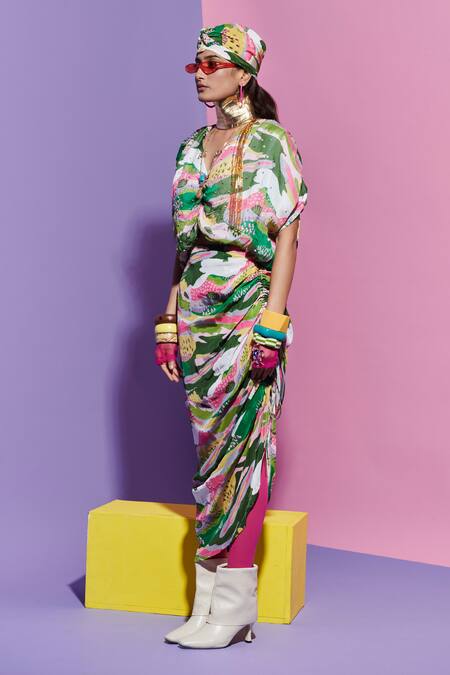 Esha L Amin Multi Color Georgette Beads V-neck Ruched Scenery Print Top Online at Aza Fashions Esha L Amin_Multi Color Georgette Beads V-neck Ruched Scenery Print Top _Online_at_Aza_Fashions