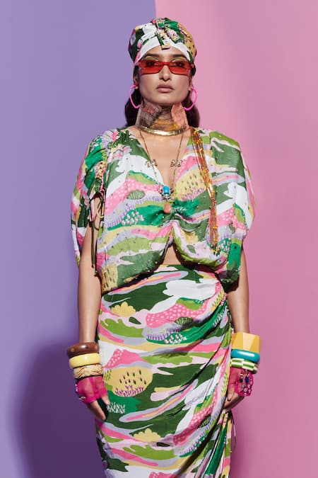 Buy Esha L Amin Multi Color Georgette Beads V-neck Ruched Scenery Print Top Online at Aza Fashions Buy_Esha L Amin_Multi Color Georgette Beads V-neck Ruched Scenery Print Top _Online_at_Aza_Fashions