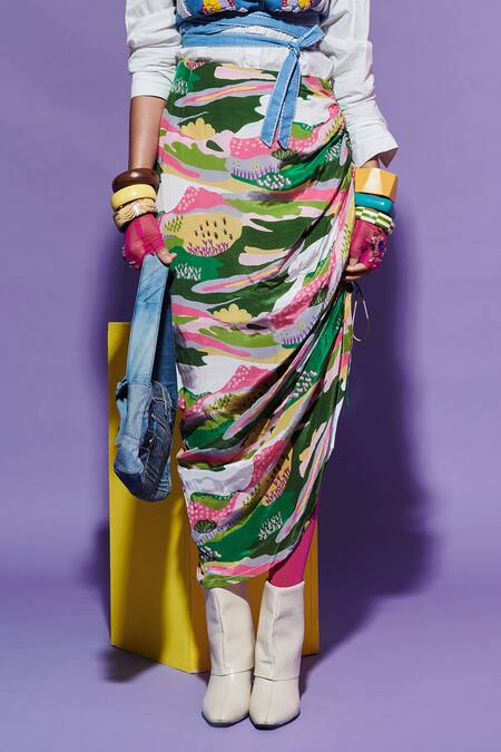 Esha L Amin Multi Color Georgette Ruched Sarong Skirt In Scenery Print Online at Aza Fashions Esha L Amin_Multi Color Georgette Ruched Sarong Skirt In Scenery Print _Online_at_Aza_Fashions