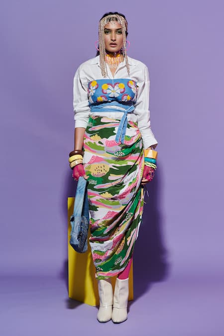 Esha L Amin Multi Color Georgette Ruched Sarong Skirt In Scenery Print 