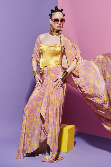 Shop Esha L Amin Pink Viscose Fan Print Sarong Skirt at Aza Fashions Shop_Esha L Amin_Pink Viscose Fan Print Sarong Skirt _at_Aza_Fashions