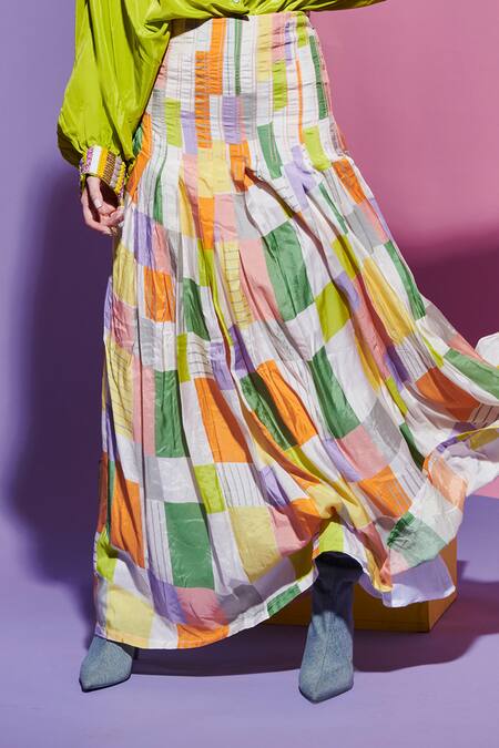 Buy_Esha L Amin_Multi Color Muslin Square Print Pleated Long Skirt _Online_at_Aza_Fashions