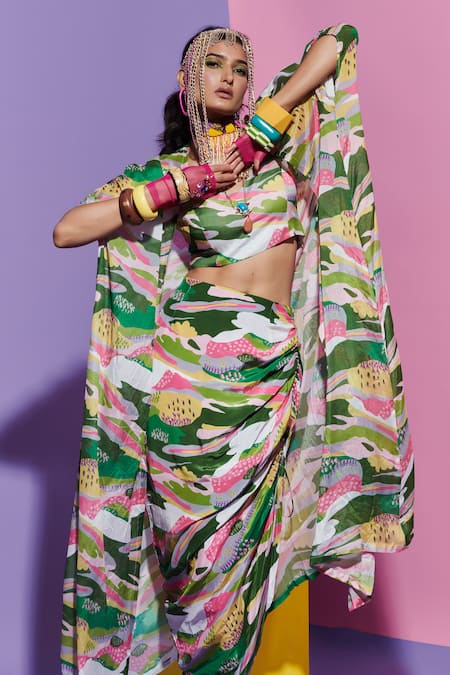 Shop Esha L Amin Multi Color Georgette V-neck Scenery Print Bralette at Aza Fashions Shop_Esha L Amin_Multi Color Georgette V-neck Scenery Print Bralette _at_Aza_Fashions