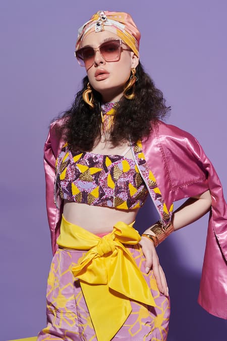 Esha L Amin Multi Color Crepe Embroidery Open Neck Tube Bralette