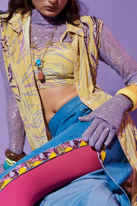 Shop Esha L Amin Yellow Georgette Sweetheart Neck Amoeba Print Lime Bralette at Aza Fashions Shop_Esha L Amin_Yellow Georgette Sweetheart Neck Amoeba Print Lime Bralette _at_Aza_Fashions