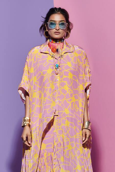 Buy_Esha L Amin_Pink Crepe Turtle Neck Long Asymmetric Tunic _Online_at_Aza_Fashions