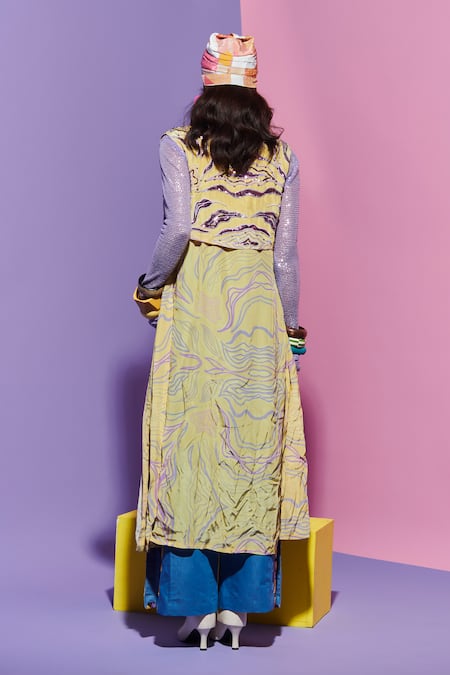 Shop Esha L Amin Yellow Viscose Embroidery Amoeba Print Long Shirt at Aza Fashions Shop_Esha L Amin_Yellow Viscose Embroidery Amoeba Print Long Shirt _at_Aza_Fashions