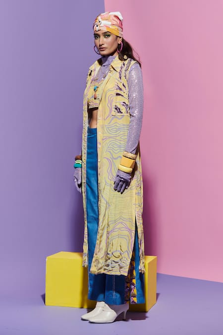 Esha L Amin Yellow Viscose Embroidery Amoeba Print Long Shirt Online at Aza Fashions Esha L Amin_Yellow Viscose Embroidery Amoeba Print Long Shirt _Online_at_Aza_Fashions