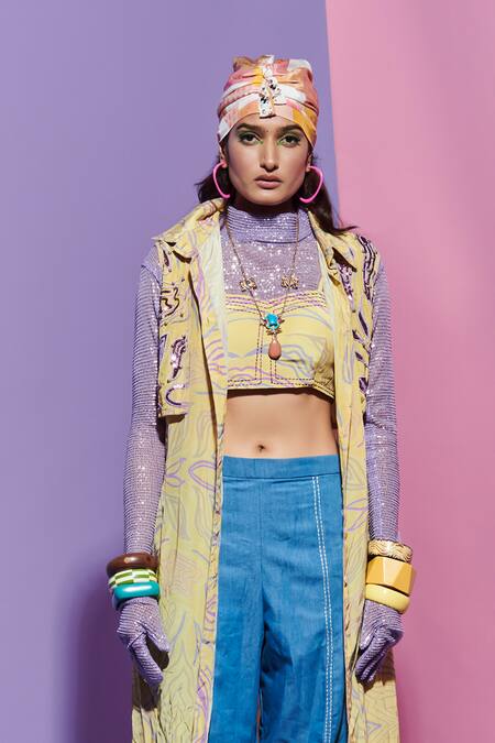 Buy Esha L Amin Yellow Viscose Embroidery Amoeba Print Long Shirt Online at Aza Fashions Buy_Esha L Amin_Yellow Viscose Embroidery Amoeba Print Long Shirt _Online_at_Aza_Fashions