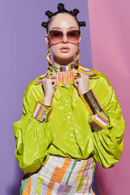 Buy Esha L Amin Green Crepe Embroidery Collared Neon Shirt Online at Aza Fashions Buy_Esha L Amin_Green Crepe Embroidery Collared Neon Shirt _Online_at_Aza_Fashions